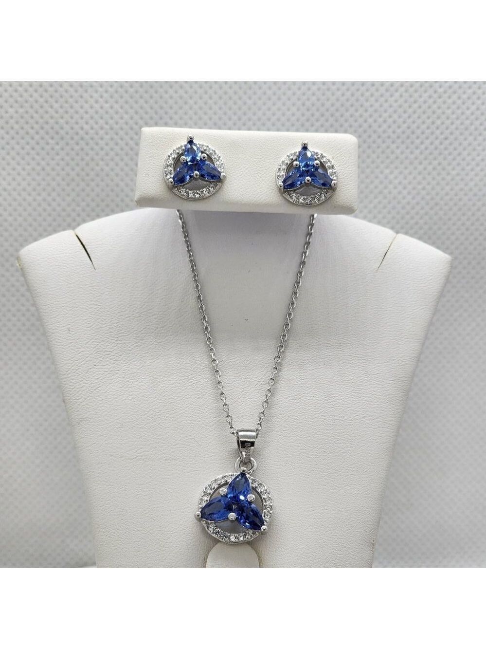 Brand New Sterling Silver 925 Round Cz Blue Gemstones 2pc Set